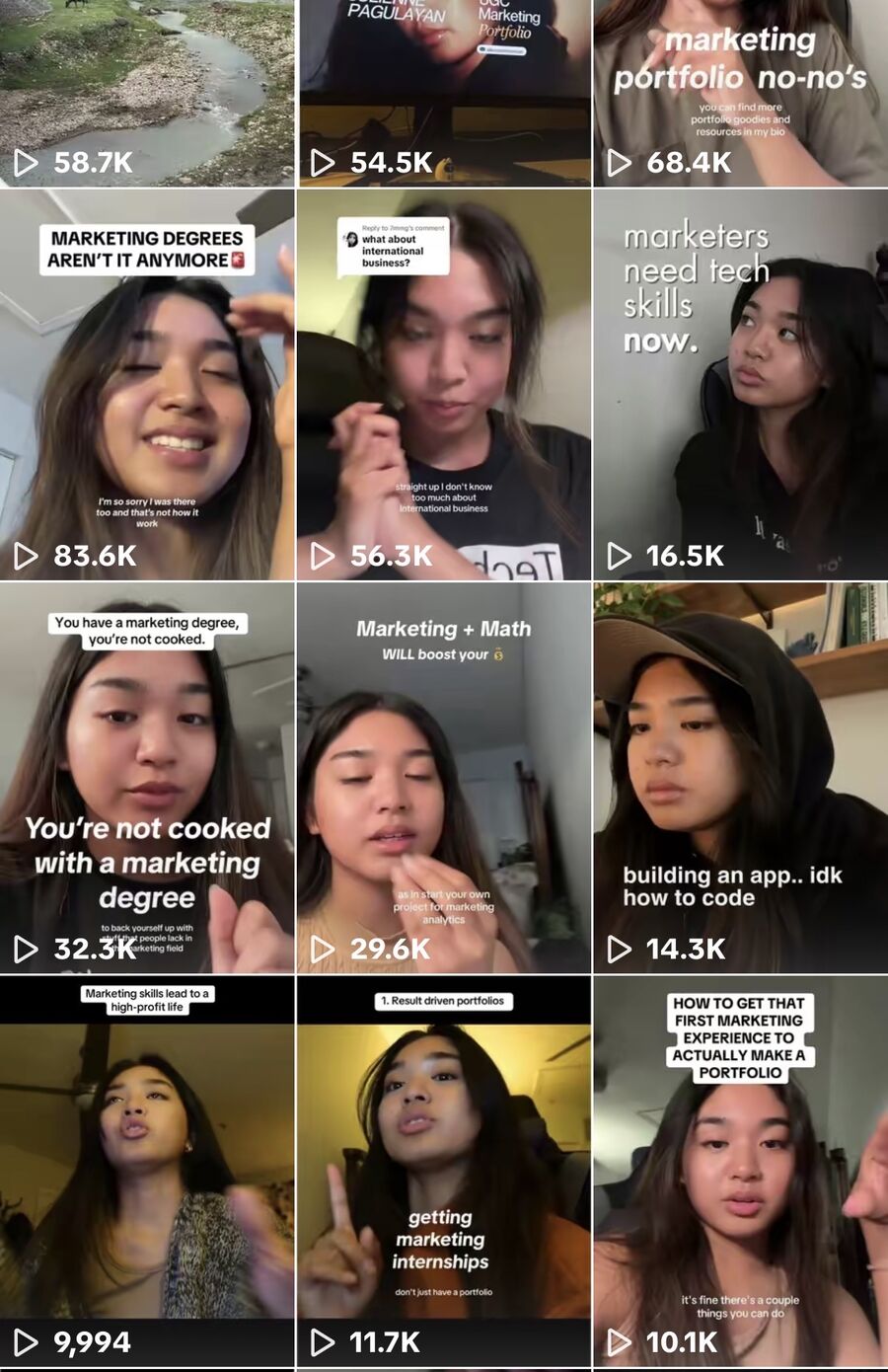 Grid of CreatorJules TikTok posts with view counts